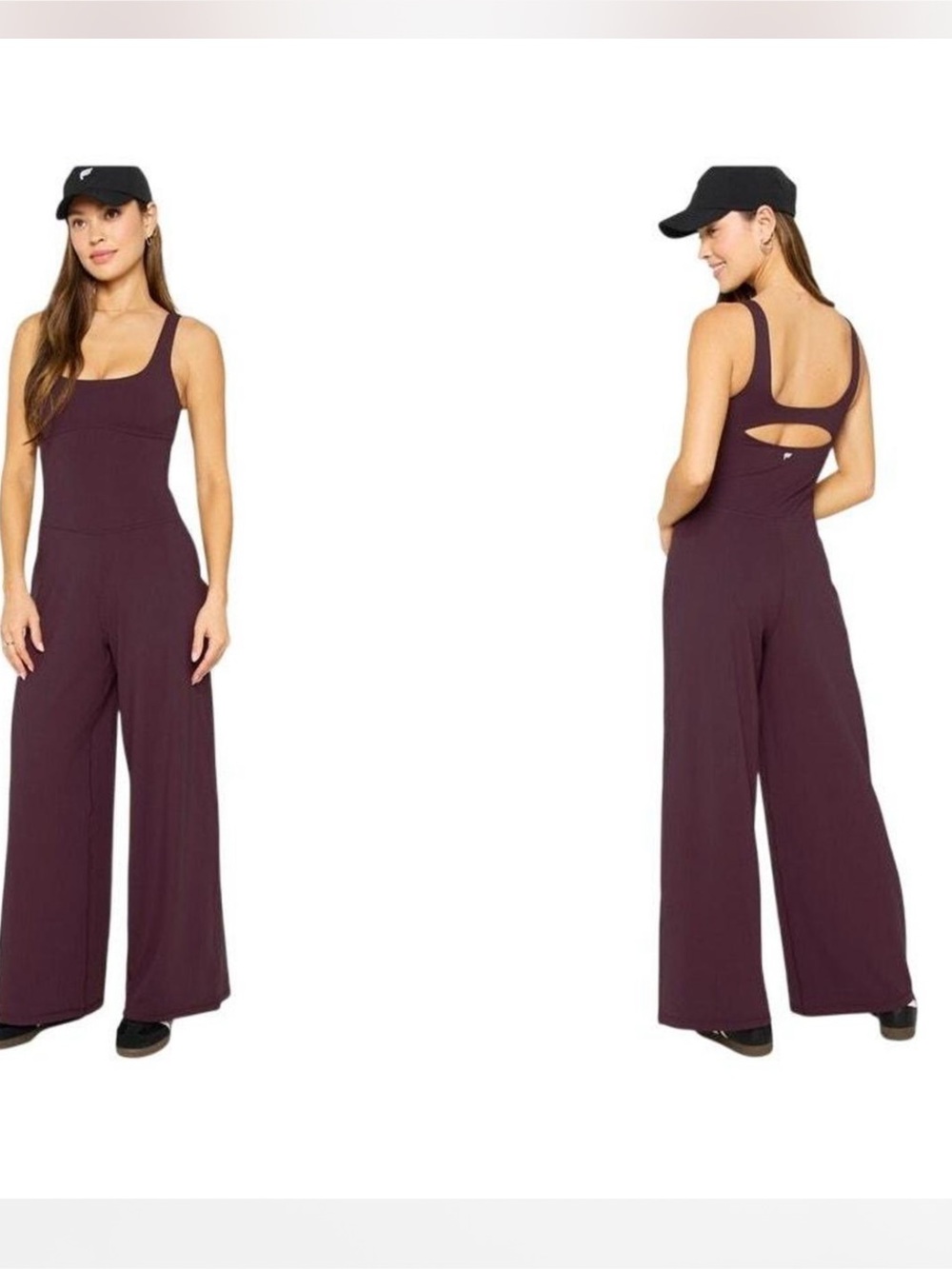 NWT Fabletics burgundy, sleeveless wide-leg jumpsuit.
